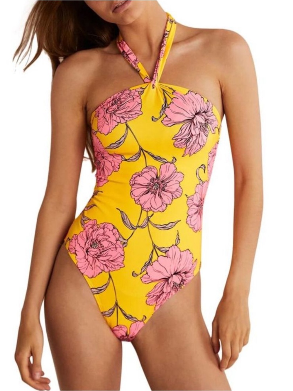 Boden Floral Halter One-Piece Swimsuit-Lemon Fizz/Peony Bloom